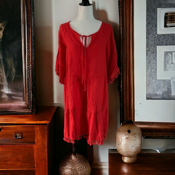 Francesca Bettini Dresses & Skirts - 💖 Red Italian Linen Tassel-Hem Dress – Francesca Bettini 💖